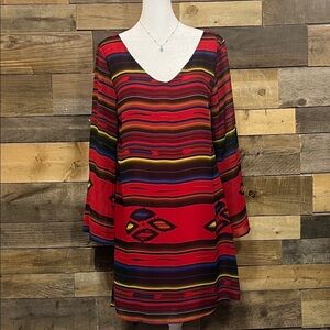 Colorful Red Striped Dress with stripes and Southwest style pattern
